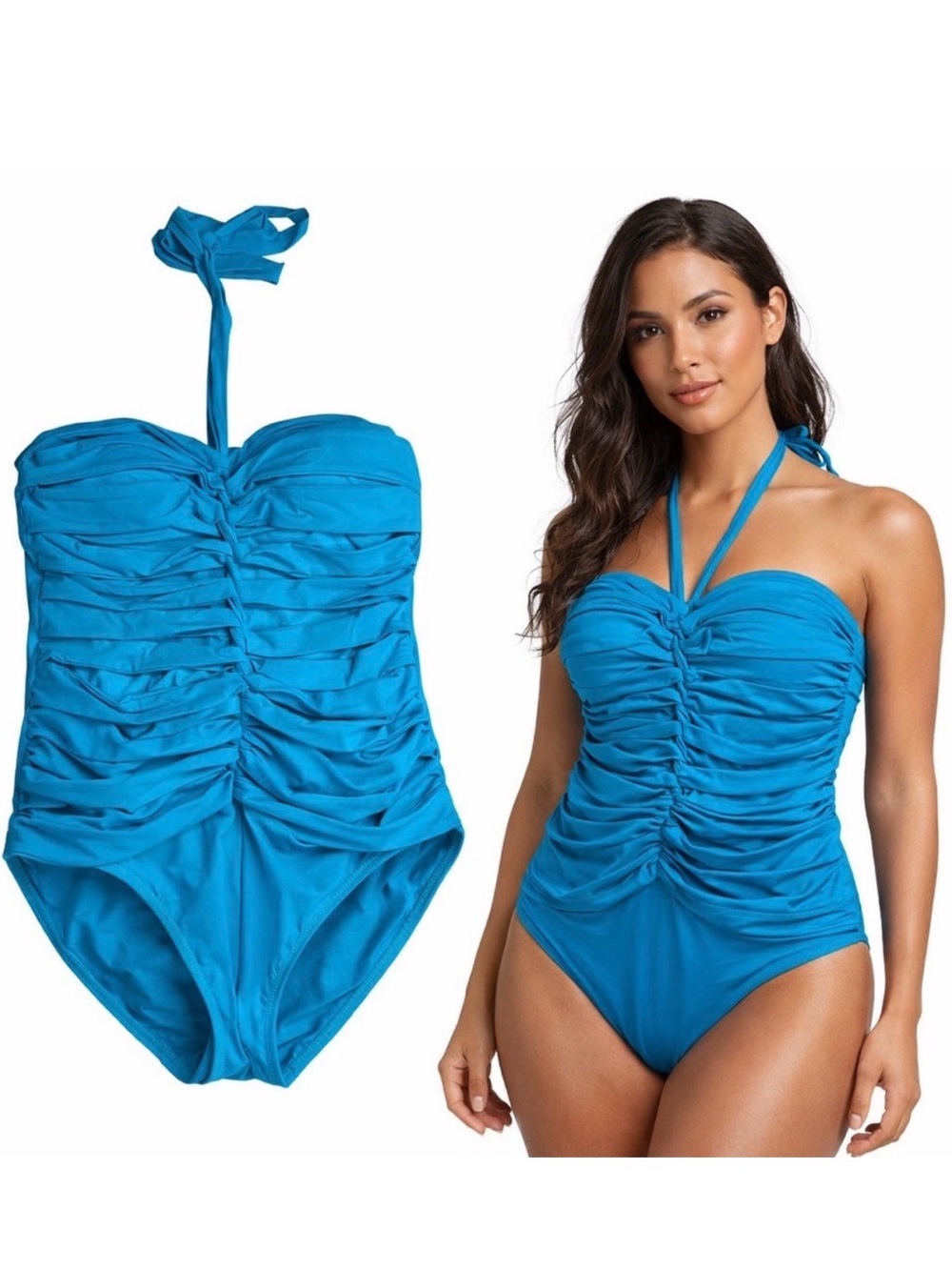 SPANX | Teal Ruched One Piece Swimsuit Halter Tummy Control | Size 16